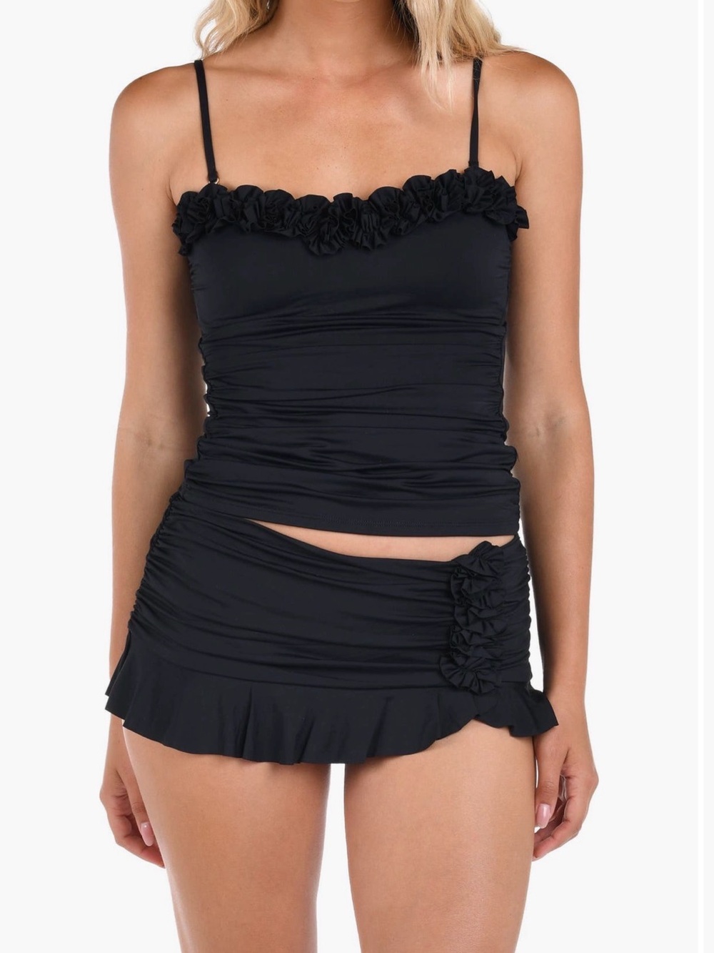 La Blanca Black island goddess ruffle tankini top